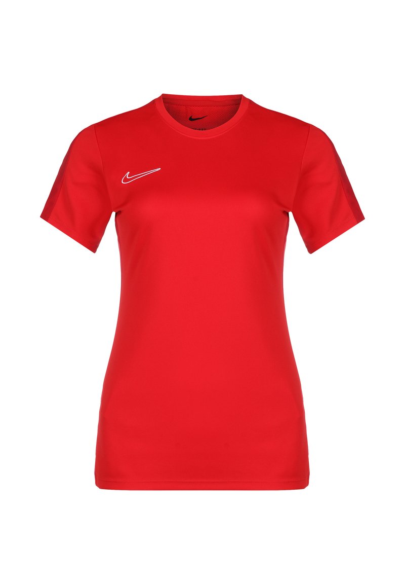 Maglietta atletica rossa a maniche corte realizzata in un tessuto liscio e leggero. Presenta un logo Nike nero sul petto sinistro e un colletto rotondo.