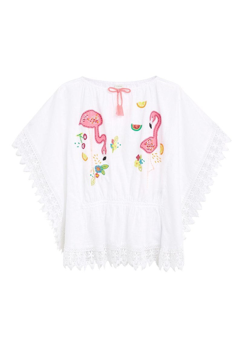 Weiße Baumwollbluse mit pinkem Flamingo-Stickerei, floralen Akzenten und einer Spitzenkante. Mit Rundhalsausschnitt und Quasten-Detail.