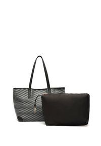Szara torba typu tote z teksturowanym geometrycznym wzorem, czarne skórzane uchwyty, w komplecie z gładką czarną kosmetyczką z złotym zamkiem.