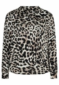Blouse met luipaardprint en lange mouwen, met een V-halslijn, in zwart, beige en lichtroomkleuren. Glad stoftextuur.