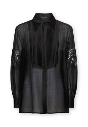 Schwarze transparente Langarmbluse mit spitzem Kragen, vertikalen Biesen vorne und Spitzenausschnitt-Details an den Ärmeln.