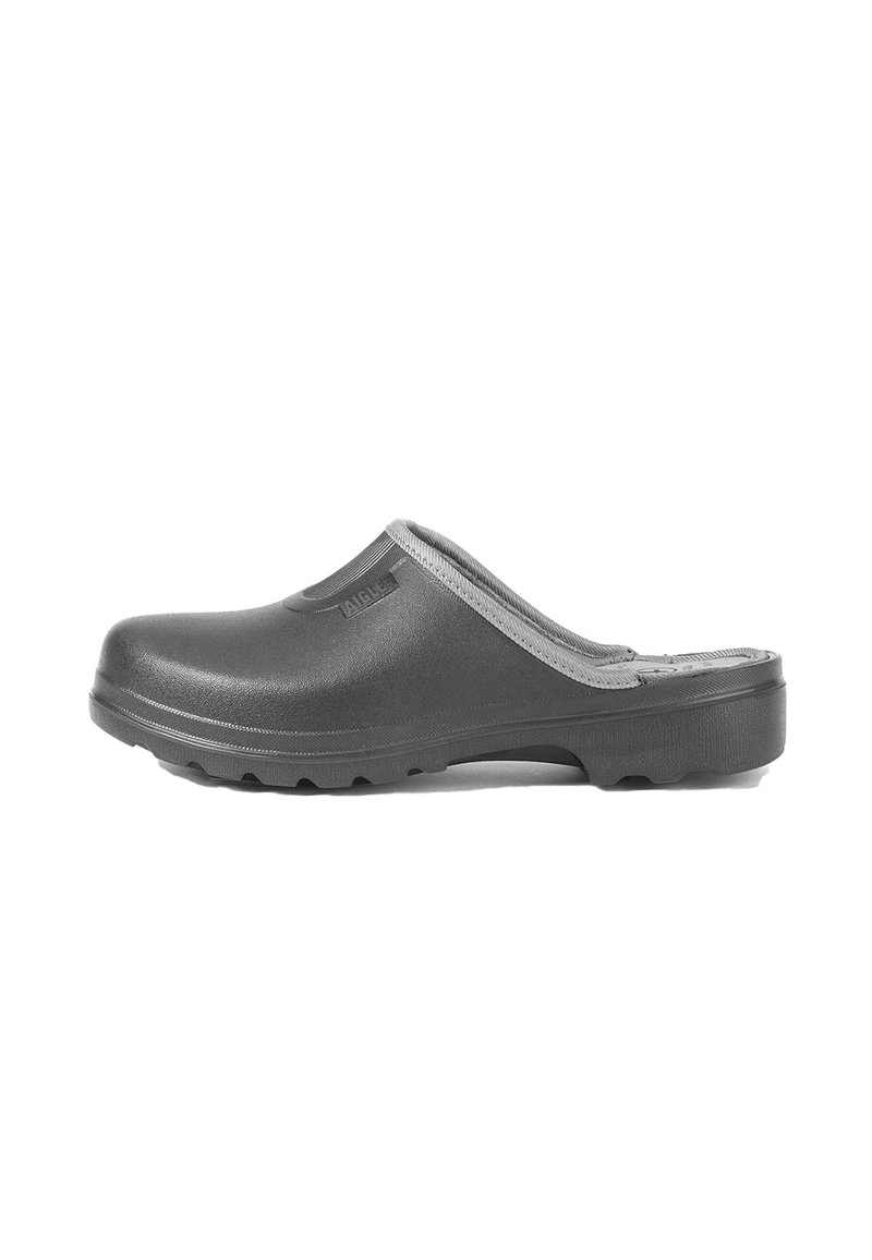 Gray slip-on clog with a smooth rubber exterior, textured collar, and ribbed sole for grip, featuring a simple, minimalist design.