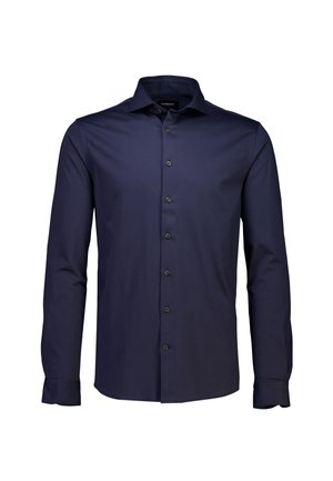 Marineblauw shirt met lange mouwen van gladde stof, voorzien van een klassieke kraag, knopen aan de voorkant en knoopsluitingen aan de manchetten.