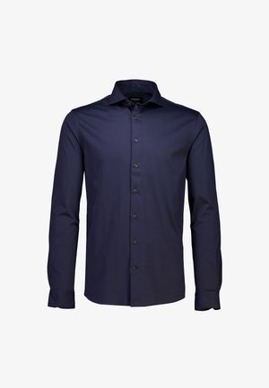 Marineblauw shirt met lange mouwen van gladde stof, voorzien van een klassieke kraag, knopen aan de voorkant en knoopsluitingen aan de manchetten.