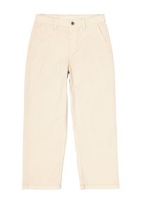 Pantalones beige de pierna recta hechos de algodón. Cuentan con cinco bolsillos, presillas para cinturón y cierre de botón. Textura suave con detalles mínimos de costura.