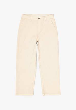 Beige, gerade geschnittene Hose aus Baumwolle. Verfügt über fünf Taschen, Gürtelschlaufen und einen Knopfverschluss. Glatte Textur mit minimalen Nähdetails.