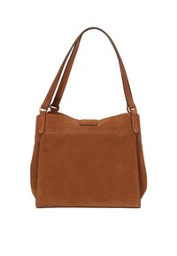 Brown suede handbag with a single shoulder strap, rectangular shape, and understated stitching. Features a magnetic clasp and minimal hardware.