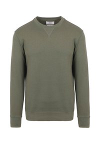 Olijfgroen crew neck sweatshirt voor heren met lange mouwen en ribgebreide manchetten en zoom.