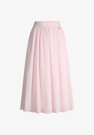 Lichtroze rok tot aan de enkels met een ingezette tailleband en een subtiel gouden logodetail vlakbij de tailleband.