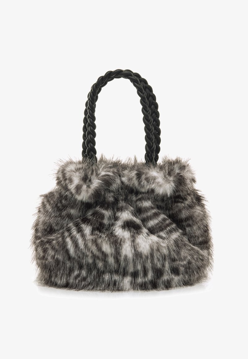 Nepluizige handtas in grijs en zwart met een gevlochten zwart handvat. Kenmerkt zich door zacht, textuurverrijkend pluche met een golvend patroon.