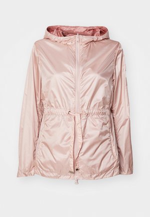 Ljusrosa, blank, zip-up jacka med huva och justerbar dragsko i midjan; har långa ärmar och slät yta.