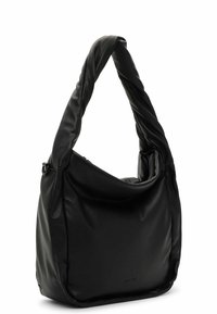 Borsa a spalla in pelle nera con una tracolla intrecciata e imbottita, design morbido e un logo discreto sulla parte anteriore. Texture liscia e stile minimalista.