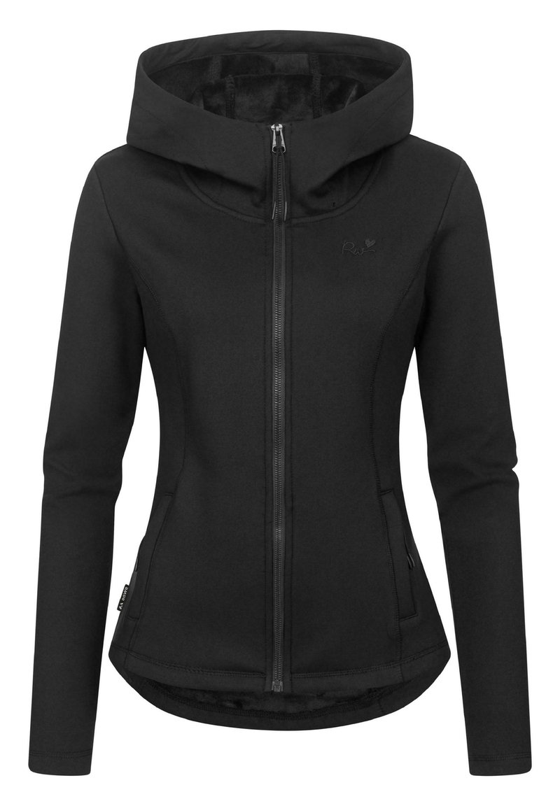 Giacca nera con zip, dal design aderente, cappuccio, tasche laterali e dettaglio logo discreto sul petto. Realizzata in tessuto liscio ed elastico.
