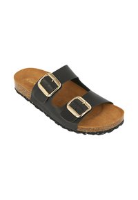 Sort sandal med to remme, der har gyldne spænder, en korksål og en tekstureret gummisål for godt greb. Klassisk og komfortabelt design.