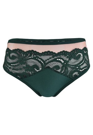 Ciemnozielone bikini o wysokim stanie z fakturowanej tkaniny. Posiada koronkową wstawkę z wirującym wzorem oraz przezroczysty, jasnoróżowy mesh na górze.
