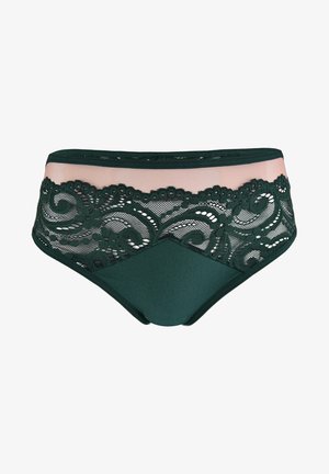 Ciemnozielone bikini o wysokim stanie z fakturowanej tkaniny. Posiada koronkową wstawkę z wirującym wzorem oraz przezroczysty, jasnoróżowy mesh na górze.