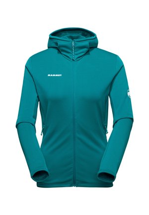 Türkisfarbene Kapuzenjacke aus weichem Stoff, mit durchgehendem Reißverschluss vorne, Daumenlöchern an den Bündchen und Logodetails auf der Brust und am Ärmel.