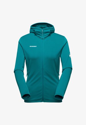 Türkisfarbene Kapuzenjacke aus weichem Stoff, mit durchgehendem Reißverschluss vorne, Daumenlöchern an den Bündchen und Logodetails auf der Brust und am Ärmel.