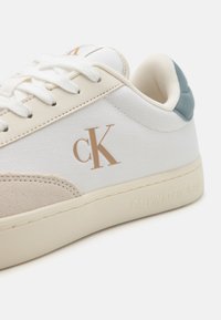 Calvin Klein Jeans sneakers featuring white canvas and beige suede, with a light blue accent, CK logo, and textured rubber sole.