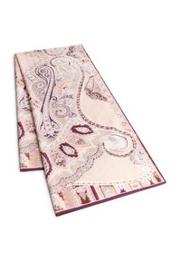 Bedruckter Schal aus weichem Material, mit kunstvollen Paisleymustern in Rosa- und Violetttönen sowie einem gesäumten Rand.