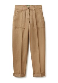 Khaki bavlněné kalhoty s volným střihem, které mají velké přední kapsy, zapínání na knoflík a ohrnuté manžety. Hladká textura látky.