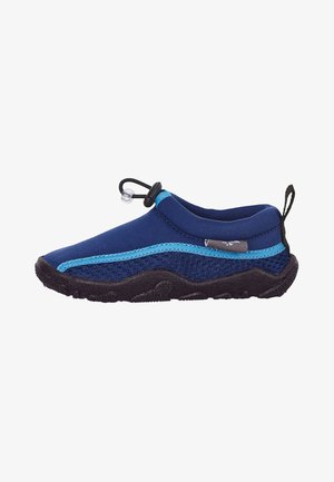 Marineblaue Wasserschuhe mit einem Neopren-Obermaterial, schwarzer Gummisohle und türkisfarbenen Akzenten. Verfügt über einen Kordelverschluss für einen sicheren Sitz.