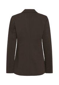 Blazer marron foncé pour femme, vu de dos, avec manches longues et col cranté sur fond blanc.
