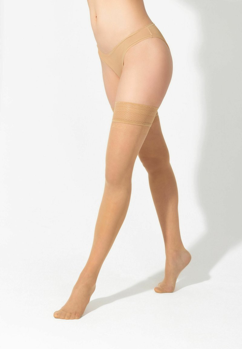 Frau trägt beige, oberschenkelhohe, transparente Strümpfe und passende hautfarbene Unterwäsche, steht mit einem Bein leicht nach vorne versetzt vor weißem Hintergrund.