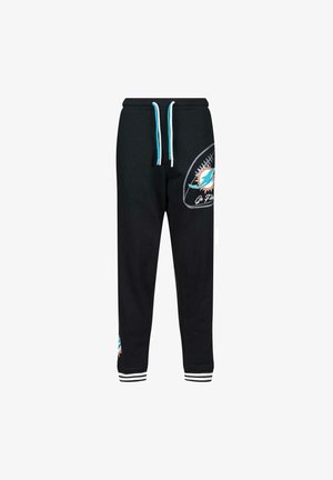 Zwarte sweatpants met een taps toelopende pasvorm, voorzien van turquoise trekkoorden en witte gestreepte manchetten. Inclusief een logo van een dolfijn met tekst.