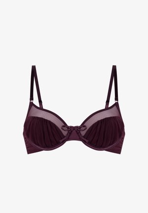 Soutien-gorge à armatures bordeaux avec panneaux en maille transparente, bonnets froncés, bretelles réglables et un nœud central. Texture lisse dans l'ensemble.