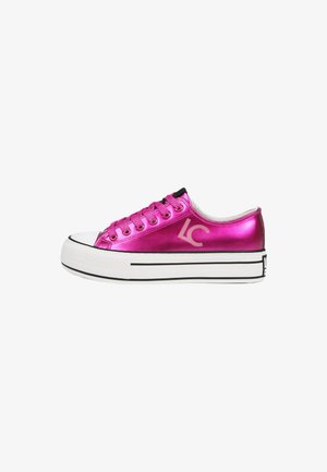 Pink metallic low-top sneaker with white rubber sole, black accents, round toe, and flat laces. Features a logo on the side.