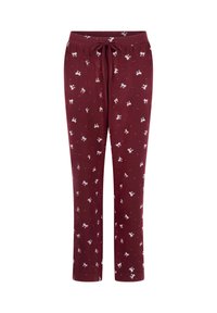 Bordeaux loungebroek met een trekkoord in de taille, met witte strikpatronen. Gemaakt van zachte stof, recht gesneden, en elastiek bij de enkels.