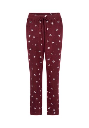 Bordeaux loungebroek met een trekkoord in de taille, met witte strikpatronen. Gemaakt van zachte stof, recht gesneden, en elastiek bij de enkels.