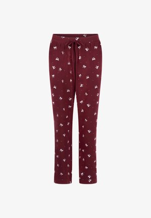 Bordeaux loungebroek met een trekkoord in de taille, met witte strikpatronen. Gemaakt van zachte stof, recht gesneden, en elastiek bij de enkels.