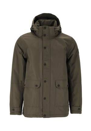 Olivgrüne, isolierte Jacke mit Kapuze, ausgestattet mit einem Reißverschluss und Druckknopfverschluss, zwei Fronttaschen und einem strukturierten Stoff.