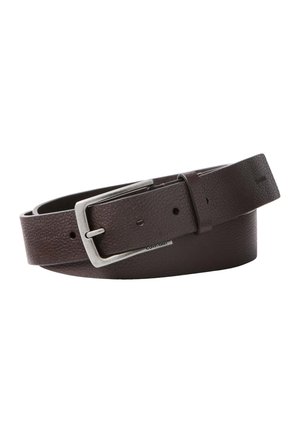 Cintura in pelle marrone scuro con fibbia rettangolare in metallo argento e superficie texturizzata, arrotolata con i fori della cintura visibili.