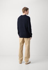 Maglione lavorato a maglia blu navy con motivo a rombi, abbinato a pantaloni beige e scarpe da ginnastica bianche. Il modello è visto di spalle.