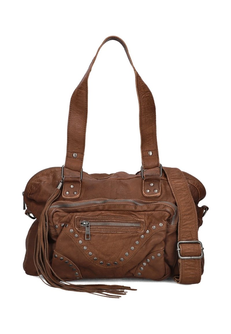 Bruine leren handtas met dubbele handgrepen, een ritszak aan de buitenkant, gegarnierde accenten en een franjesdetail. Voorzien van een verstelbare schouderriem.