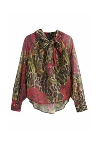 Blusa trasparente con un motivo floreale e leopardato in rosso, verde e marrone. Maniche lunghe con dettaglio al collo annodato e orlo curvato.