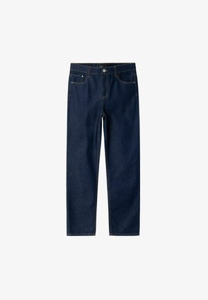 Jean en denim bleu foncé avec une coupe droite, comportant cinq poches et des coutures jaunes contrastantes pour le détail.