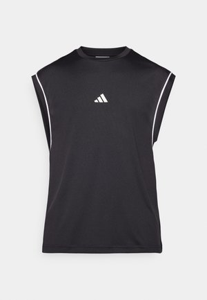 Black sleeveless athletic shirt with round neck, white Adidas logo on chest, and white accent lines along the shoulders. Smooth fabric texture.
