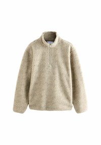 Beige sherpa fleece pullover met lange mouwen en een halve rits kraag, van textuur zacht materiaal voor warmte en comfort.