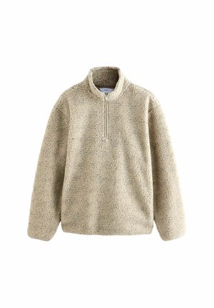 Beige sherpa fleece pullover met lange mouwen en een halve rits kraag, van textuur zacht materiaal voor warmte en comfort.