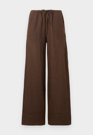 Brown wide-leg pants with elastic waistband and drawstring, made of lightweight fabric, shown flat against a light background.