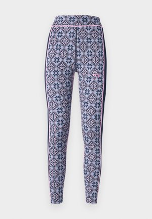 Tights med et blått og rosa geometrisk snøfnuggmønster, høy midje og kontrasterende mørke sidebånd. Laget av elastisk materiale.