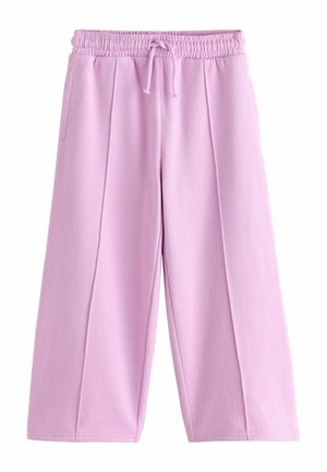 Helle rosa weit geschnittene Hose aus weichem Stoff, mit einem elastischen Bund und Kordelzug, zwei Seitentaschen und vorderen Faltendetails.