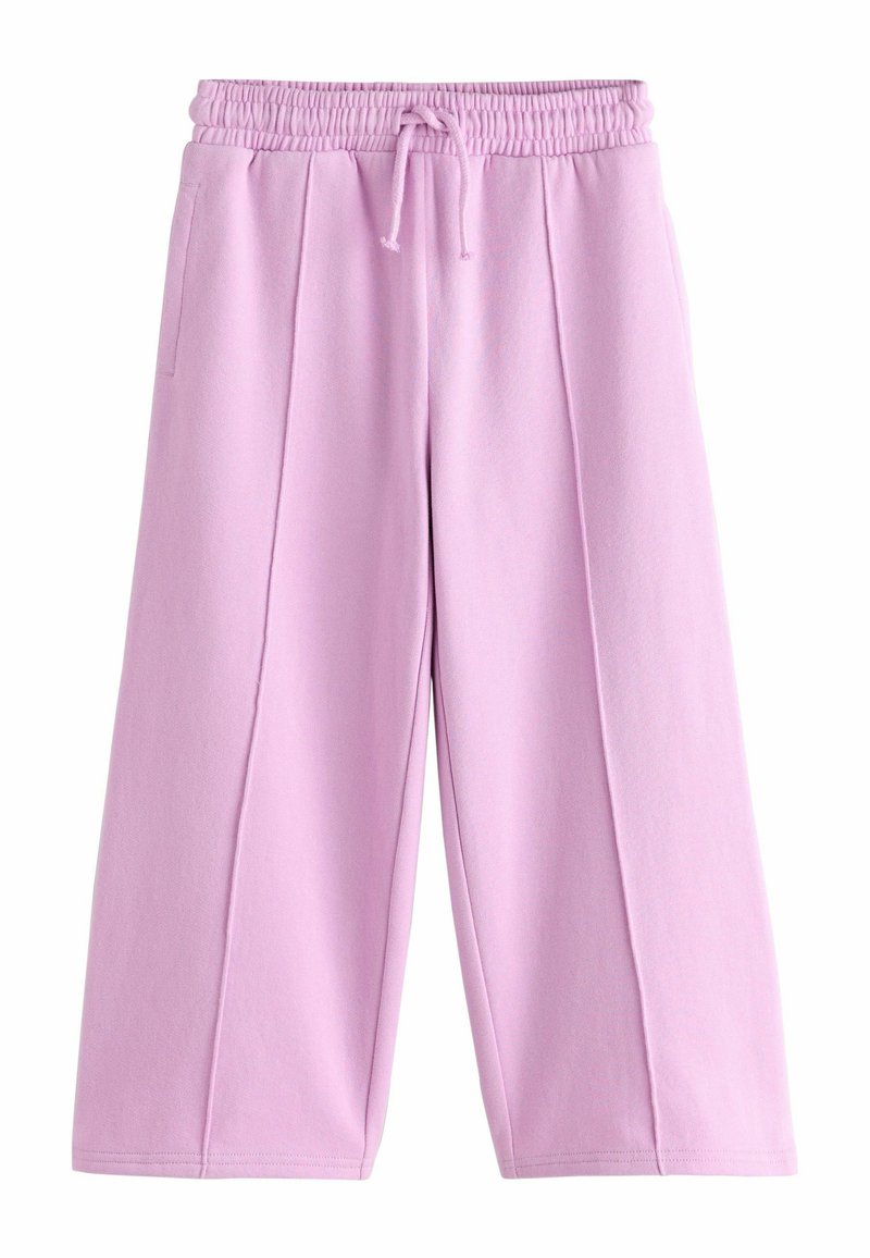Helle rosa weit geschnittene Hose aus weichem Stoff, mit einem elastischen Bund und Kordelzug, zwei Seitentaschen und vorderen Faltendetails.