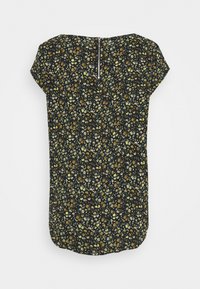 Blusa nera a maniche corte decorata con piccoli motivi floreali in giallo, arancione e verde. Presenta una cerniera sul retro e un orlo arrotondato.