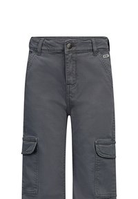 Grijze cargobroek met een standaard tailleband, knoopsluiting, meerdere zijzakken en een gladde, gestructureerde stof.