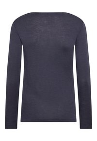 Langarmshirt in dunklem Marineblau, aus einem weichen, leichten Material gefertigt. Es hat einen runden Halsausschnitt und eine glatte, strukturierte Oberfläche.